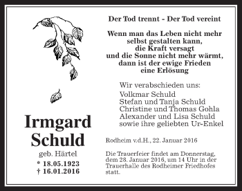 Traueranzeige von Irmgard Schuld von Wetterauer Zeitung, Wetterauer Zeitung