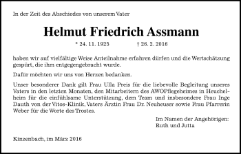 Traueranzeige von Helmut Friedrich Assmann von Gießener Allgemeine, Alsfelder Allgemeine