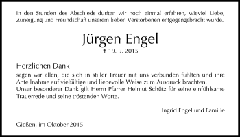 Traueranzeige von Jürgen Engel von Gießener Allgemeine, Alsfelder Allgemeine