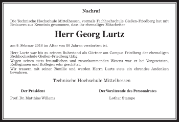 Traueranzeige von Georg Lurtz von Wetterauer Zeitung, Wetterauer Zeitung