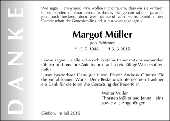 Traueranzeige von Margot Müller von Gießener Allgemeine, Alsfelder Allgemeine