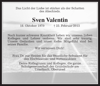 Traueranzeige von Sven Valentin von Gießener Allgemeine, Alsfelder Allgemeine