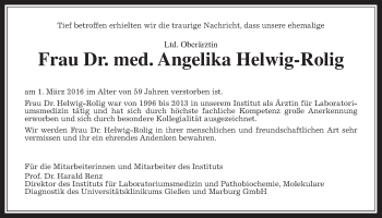 Traueranzeige von Angelika Helwig-Rolig von Gießener Allgemeine, Alsfelder Allgemeine