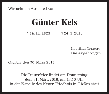 Traueranzeige von Günter Kels von Gießener Allgemeine, Alsfelder Allgemeine