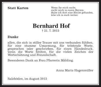 Traueranzeige von Bernhard Hof von Gießener Allgemeine, Alsfelder Allgemeine