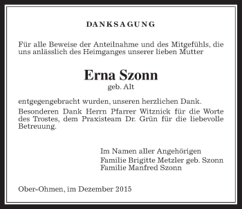 Traueranzeige von Erna Szonn von Alsfelder Allgemeine