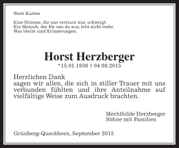 Traueranzeige von Horst Herzberger von Gießener Allgemeine, Alsfelder Allgemeine