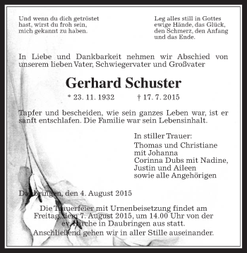 Traueranzeige von Gerhard Schuster von Gießener Allgemeine, Alsfelder Allgemeine