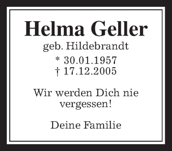 Traueranzeige von Helma Geller von Wetterauer Zeitung, Wetterauer Zeitung