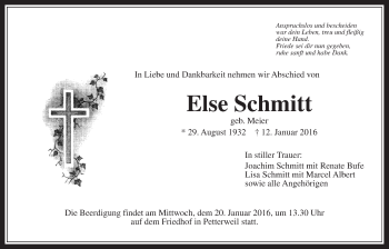 Traueranzeige von Else Schmitt von Wetterauer Zeitung, Wetterauer Zeitung