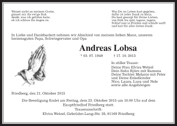 Traueranzeige von Andreas Lobsa von Wetterauer Zeitung, Wetterauer Zeitung