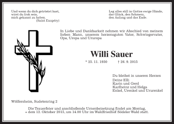 Traueranzeige von Willi Sauer von Gießener Allgemeine, Alsfelder Allgemeine, Wetterauer Zeitung, Wetterauer Zeitung