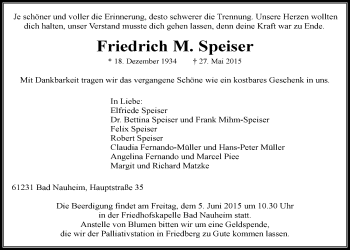 Traueranzeige von Friedrich M. Speiser von Wetterauer Zeitung, Wetterauer Zeitung