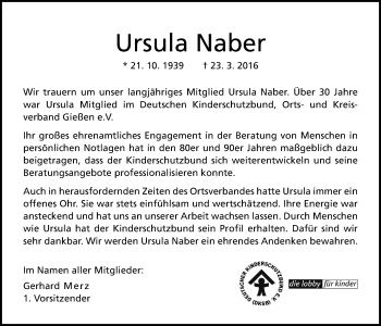 Traueranzeige von Ursula Naber von Gießener Allgemeine, Alsfelder Allgemeine