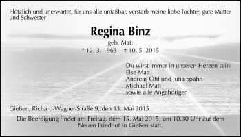 Traueranzeige von Regina Binz von Gießener Allgemeine, Alsfelder Allgemeine