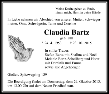 Traueranzeige von Claudia Bartz von Gießener Allgemeine, Alsfelder Allgemeine