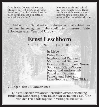 Traueranzeige von Ernst Leschhorn von Giessener Allgemeine, Alsfelder Allgemeine