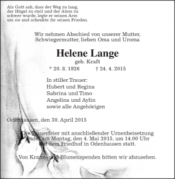 Traueranzeige von Helene Lange von Gießener Allgemeine, Alsfelder Allgemeine
