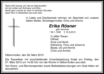 Traueranzeige von Erika Rösner von Licher Wochenblatt, Licher Wochenblatt, Licher Wochenblatt