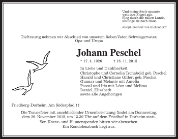 Traueranzeige von Johann Peschel von Wetterauer Zeitung, Wetterauer Zeitung