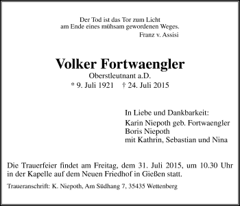 Traueranzeige von Volker Fortwaengler von Gießener Allgemeine, Alsfelder Allgemeine