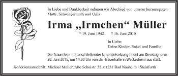 Traueranzeige von Irma  Müller von Wetterauer Zeitung, Wetterauer Zeitung
