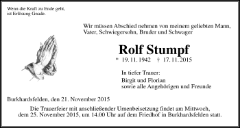 Traueranzeige von Rolf Stumpf von Gießener Allgemeine, Alsfelder Allgemeine