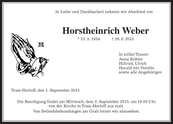 Traueranzeige von Horstheinrich Weber von Gießener Allgemeine, Alsfelder Allgemeine