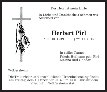 Traueranzeige von Herbert Pirl von Wetterauer Zeitung, Wetterauer Zeitung