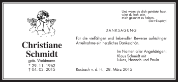 Traueranzeige von Christiane Schmidt von Wetterauer Zeitung, Wetterauer Zeitung