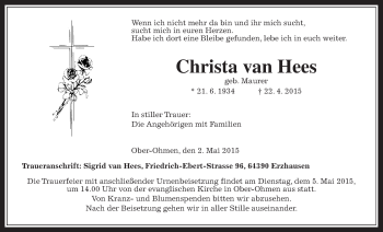 Traueranzeige von Christa van Hees von Alsfelder Allgemeine
