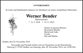 Traueranzeige von Werner Bender von Gießener Allgemeine, Alsfelder Allgemeine