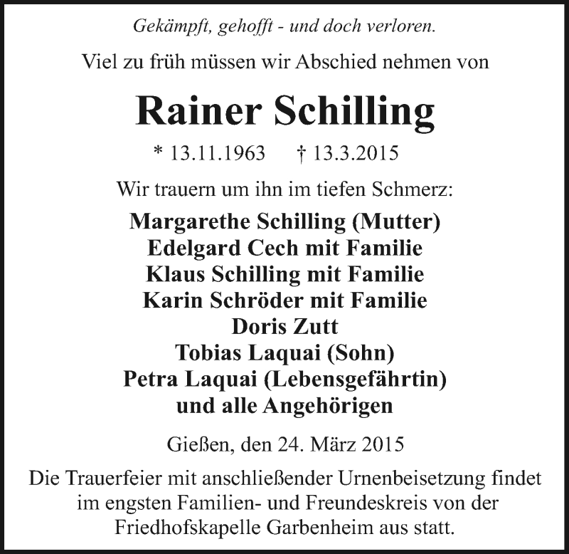  Traueranzeige für Rainer Schilling vom 24.03.2015 aus Gießener Allgemeine, Alsfelder Allgemeine