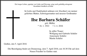 Traueranzeige von Ilse Barbara Schäfer von Gießener Allgemeine, Alsfelder Allgemeine