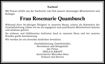 Traueranzeige von Rosemarie Quambusch von Gießener Allgemeine, Alsfelder Allgemeine