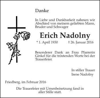 Traueranzeige von Erich Nadolny von Wetterauer Zeitung, Wetterauer Zeitung