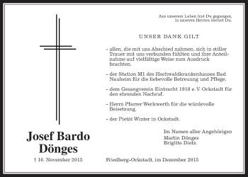 Traueranzeige von Josef Bardo Dönges von Wetterauer Zeitung, Wetterauer Zeitung