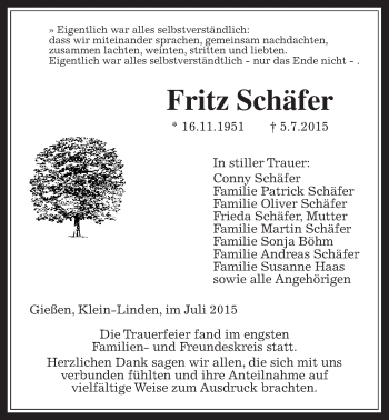 Traueranzeige von Fritz Schäfer von Gießener Allgemeine, Alsfelder Allgemeine