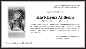 Traueranzeige von Karl-Heinz Ahlheim von Wetterauer Zeitung, Wetterauer Zeitung
