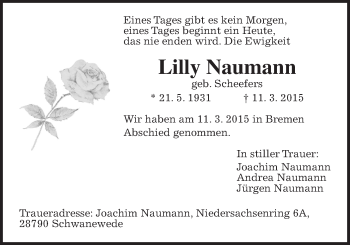 Traueranzeige von Lilly Naumann von Gießener Allgemeine, Alsfelder Allgemeine, Wetterauer Zeitung, Wetterauer Zeitung