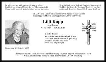 Traueranzeige von Lilli Kopp von Wetterauer Zeitung, Wetterauer Zeitung
