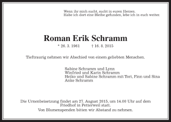 Traueranzeige von Roman Schramm von Wetterauer Zeitung, Wetterauer Zeitung