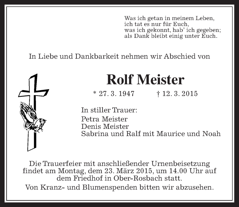  Traueranzeige für Rolf Meister vom 19.03.2015 aus Wetterauer Zeitung, Wetterauer Zeitung