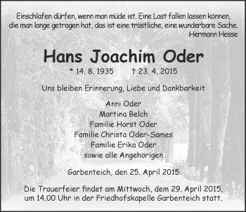 Traueranzeige von Hans Joachim Oder von Gießener Allgemeine, Alsfelder Allgemeine