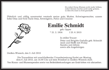 Traueranzeige von Emilie Schmidt von Gießener Allgemeine, Alsfelder Allgemeine