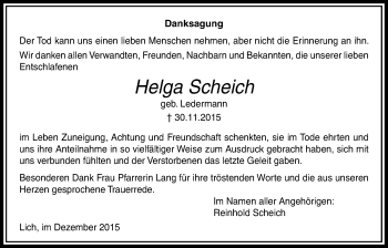 Traueranzeige von Helga Scheich von Licher Wochenblatt, Licher Wochenblatt, Licher Wochenblatt