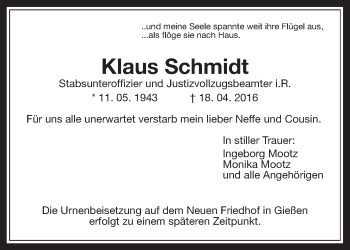 Traueranzeige von Klaus Schmidt von Gießener Allgemeine, Alsfelder Allgemeine, Wetterauer Zeitung, Wetterauer Zeitung, Gießener Allgemeine, Alsfelder Allgemeine