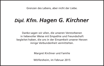 Traueranzeige von Hagen G. Kirchner von Wetterauer Zeitung, Wetterauer Zeitung