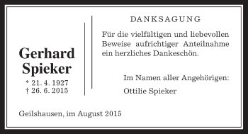 Traueranzeige von Gerhard Spieker von Rabenauer Zeitung