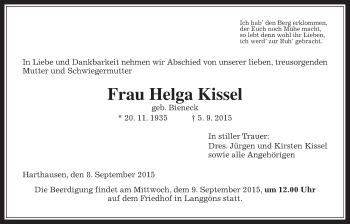 Traueranzeige von Helga Kissel von Gießener Allgemeine, Alsfelder Allgemeine